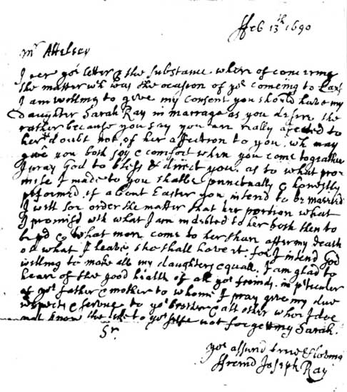 Joseph Ray letter 1690 to Mr Attlesey