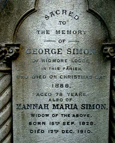 Gravestone inscription of George and Hannah Simon